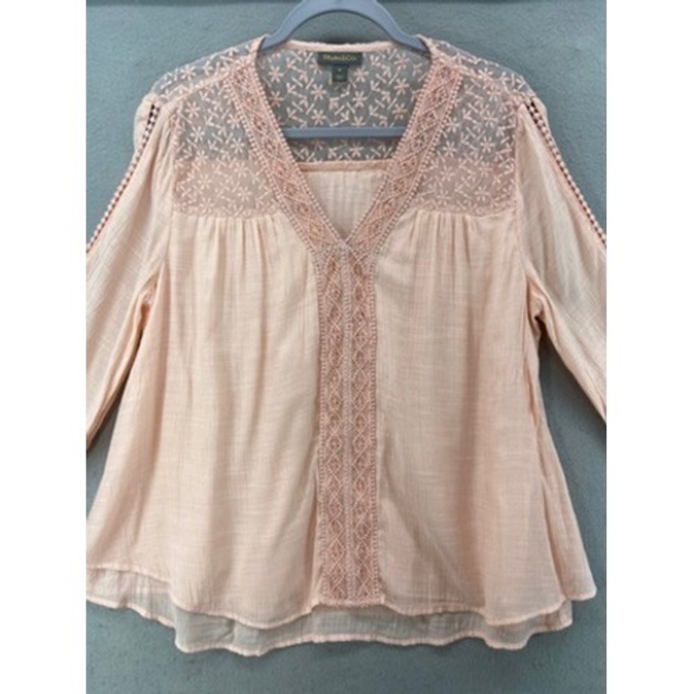 Style & Co Shirt Womens Sz M Boho Embroidered Blouse Peach Lace Mesh V-Neck - Picture 2 of 10